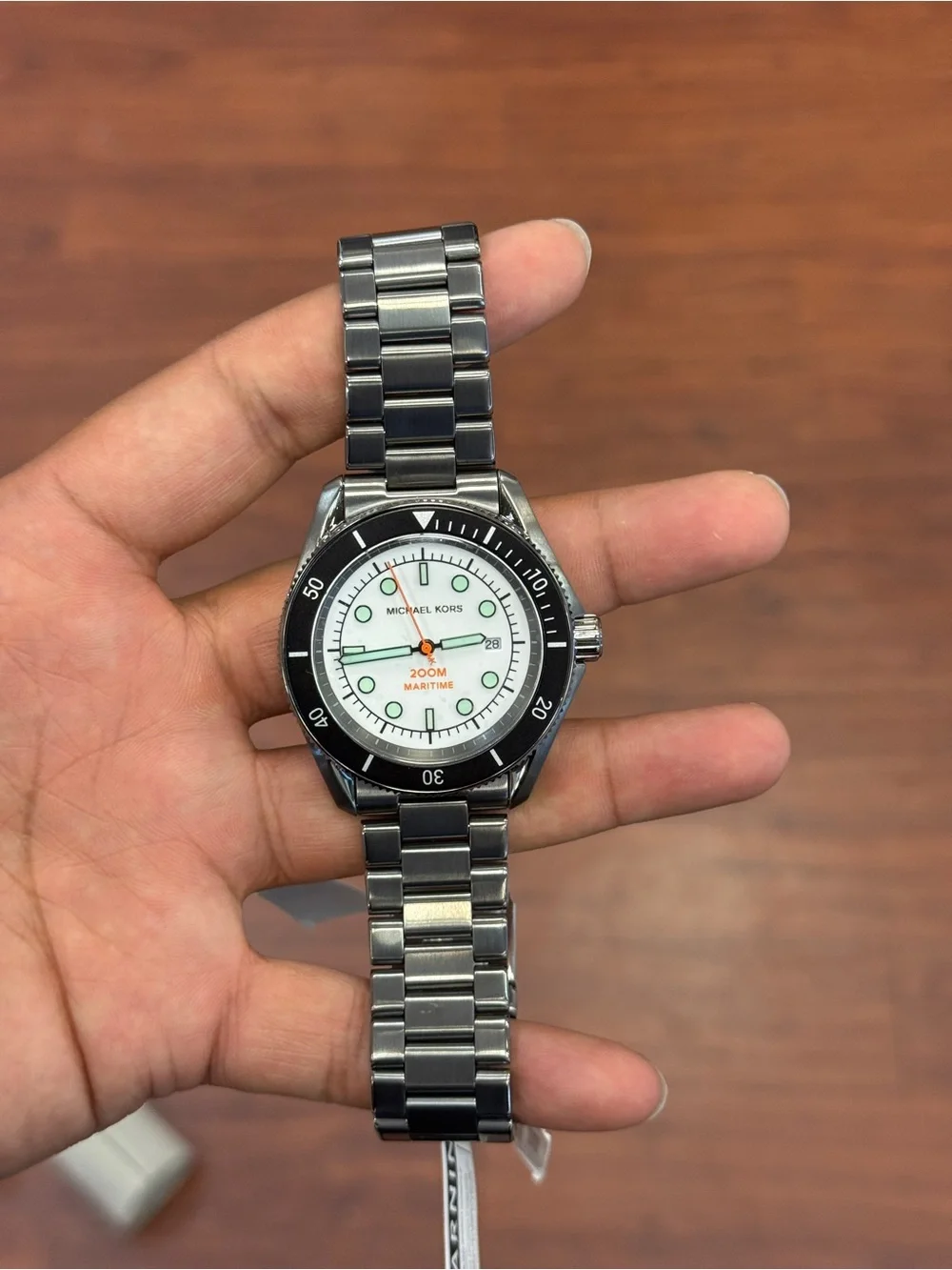 Michael Kors Silver Stainless Steel Watch with Black Bezel and White Dial men’s
